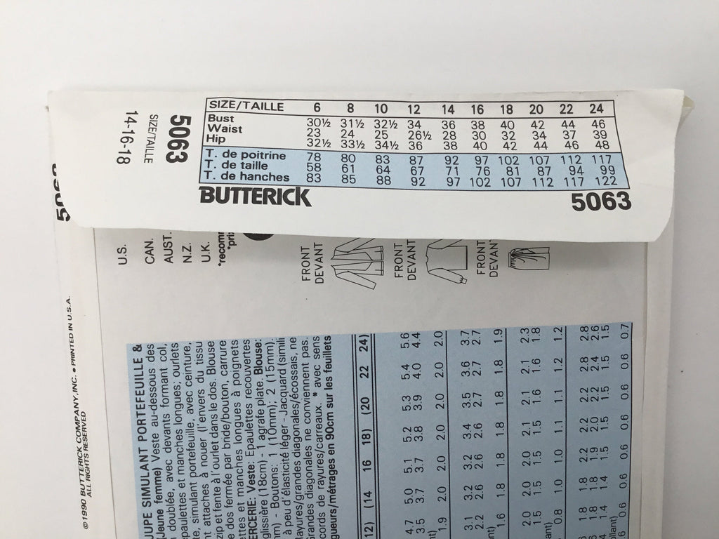 Butterick 5063 (1990) Jacket, Mock Wrap Skirt, and Blouse - Vintage Uncut Sewing Pattern