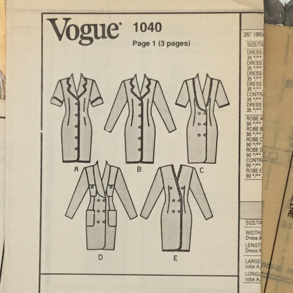 Vogue 1040 (1993) Dress with Sleeve and Style Variations - Vintage Uncut Sewing Pattern