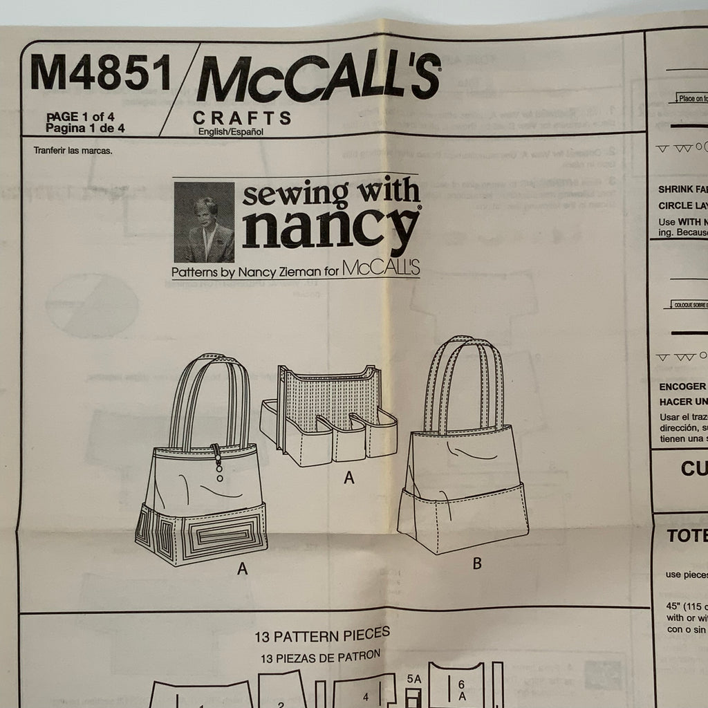 McCall's 4851 (2005) Tote Bags with Style Variations - Uncut Sewing Pattern