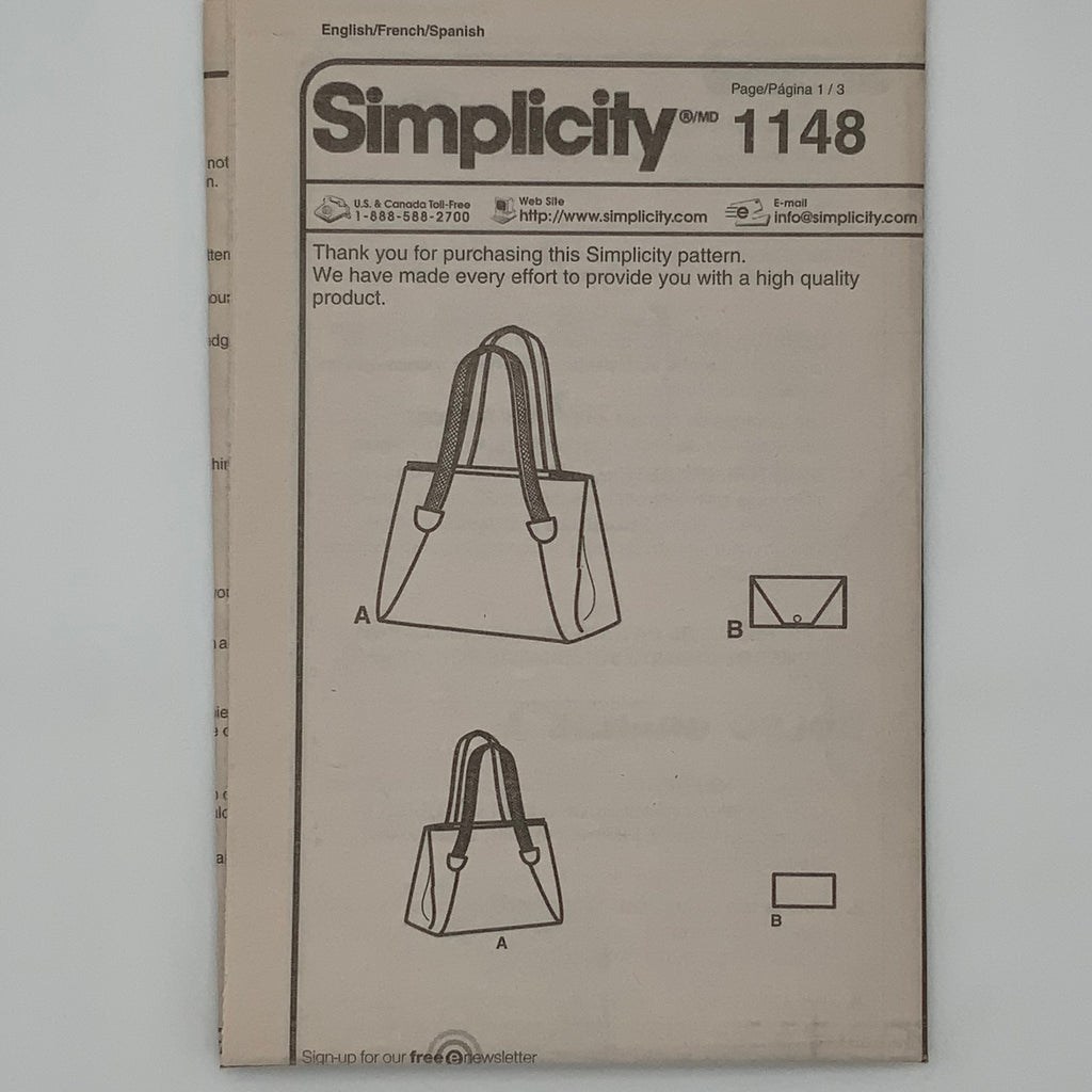 Simplicity 1148 (2015) Tote Bag and Clutch - Uncut Sewing Pattern