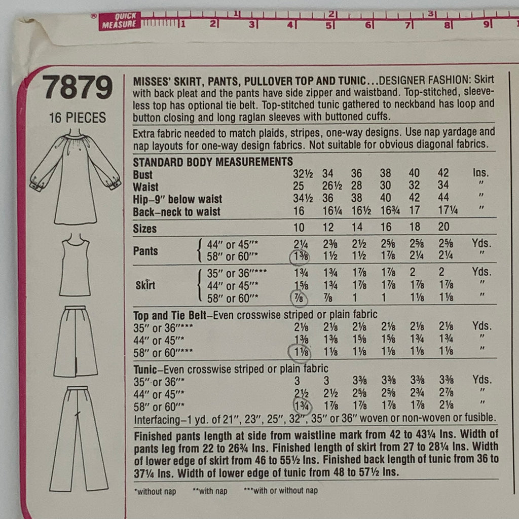 Simplicity 7879 (1977) Tunic, Top, Skirt, and Pants - Vintage Uncut Sewing Pattern