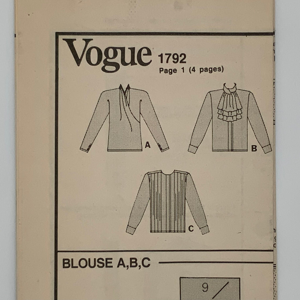 Vogue 1792 (1986) Blouse with Style Variations - Vintage Uncut Sewing Pattern