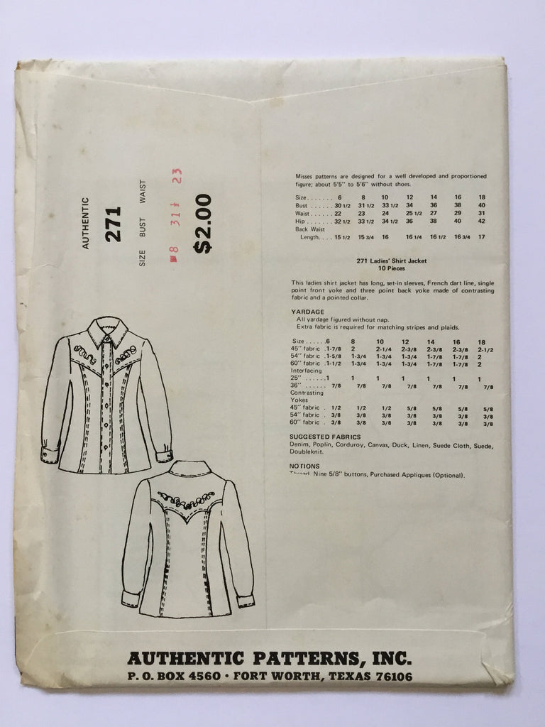 Authentic Patterns 271 Western Shirt-Jacket - Vintage Uncut Sewing Pattern