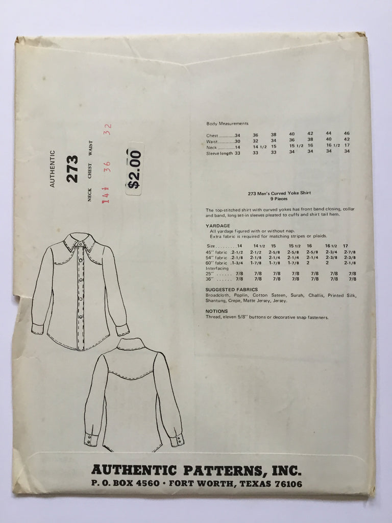 Authentic Patterns 273 Western Shirt - Vintage Uncut Sewing Pattern