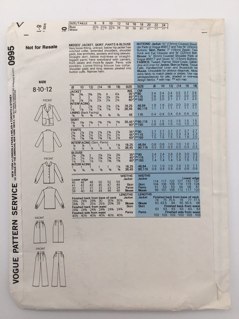 Vogue 0995 (1985) Jacket, Skirt, Pants, and Blouse - Vintage Uncut Sewing Pattern