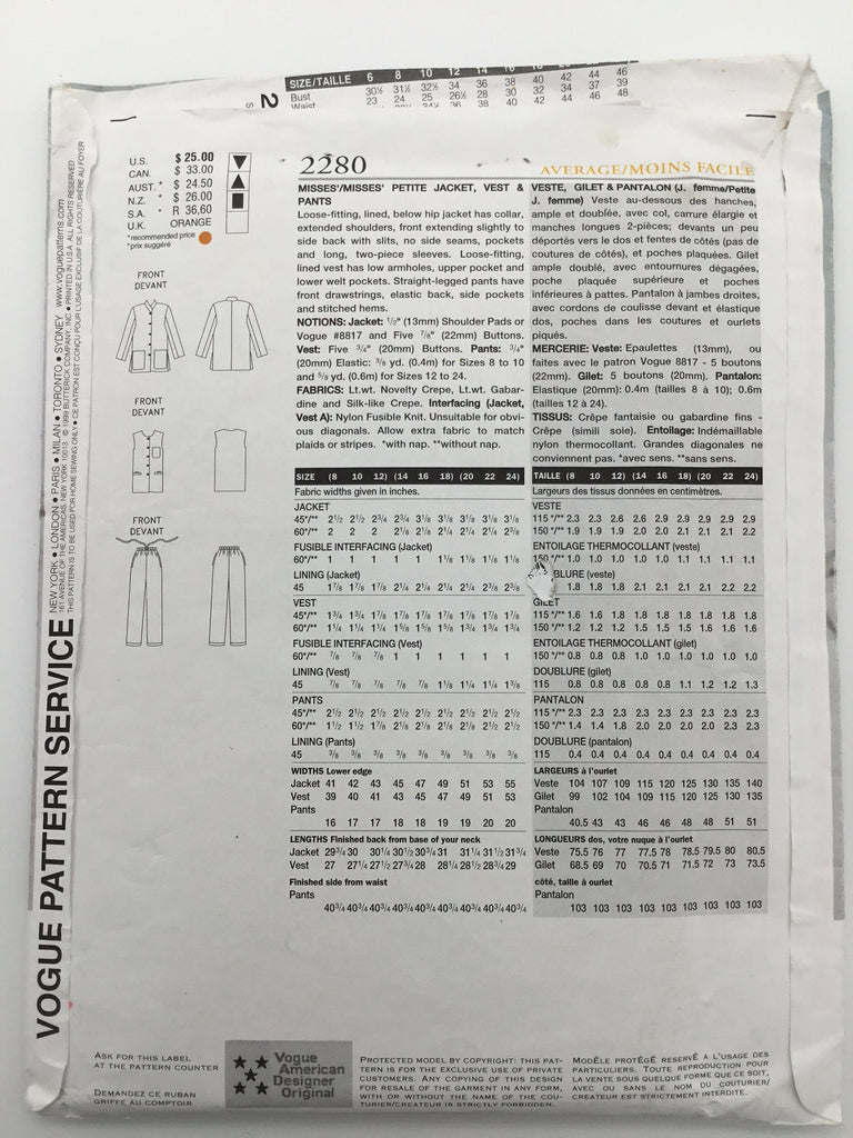 Vogue 2280 (1999) Jacket, Vest, and Pants - Vintage Uncut Sewing Pattern