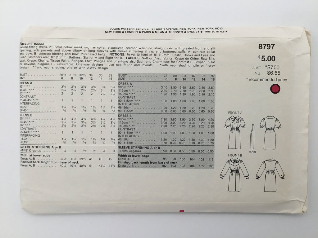 Vogue 8797 Dress with Sleeve Variations - Vintage Uncut Sewing Pattern