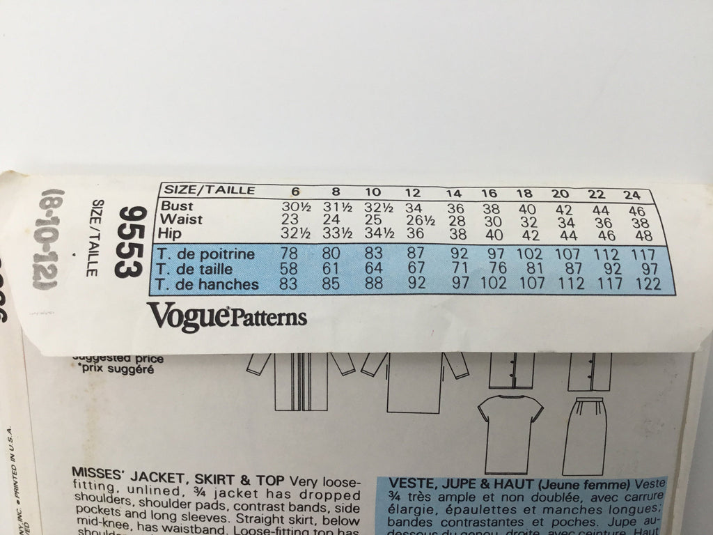 Vogue 9553 (1986) Jacket, Skirt, and Top - Vintage Uncut Sewing Pattern