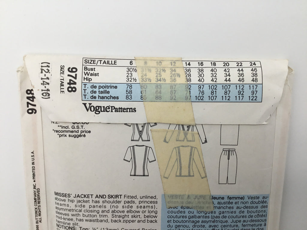 Vogue 9748 (1986) Jacket and Skirt - Vintage Uncut Sewing Pattern