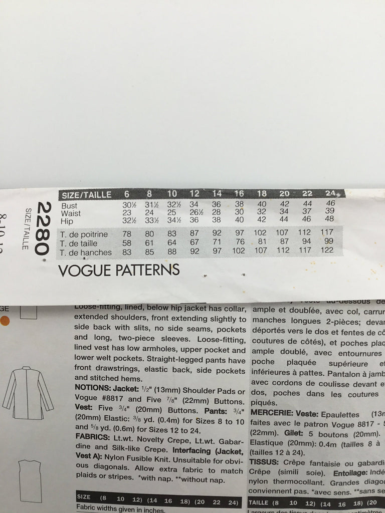 Vogue 2280 (1999) Jacket, Vest, and Pants - Vintage Uncut Sewing Pattern