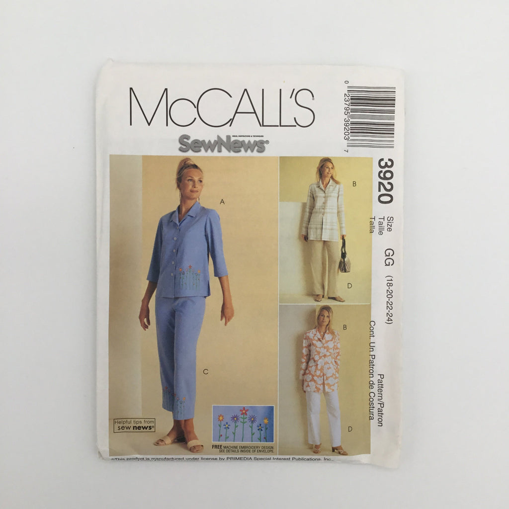 McCall's 3920 (2003) Tops and Pants with Length Variations - Uncut Sewing Pattern