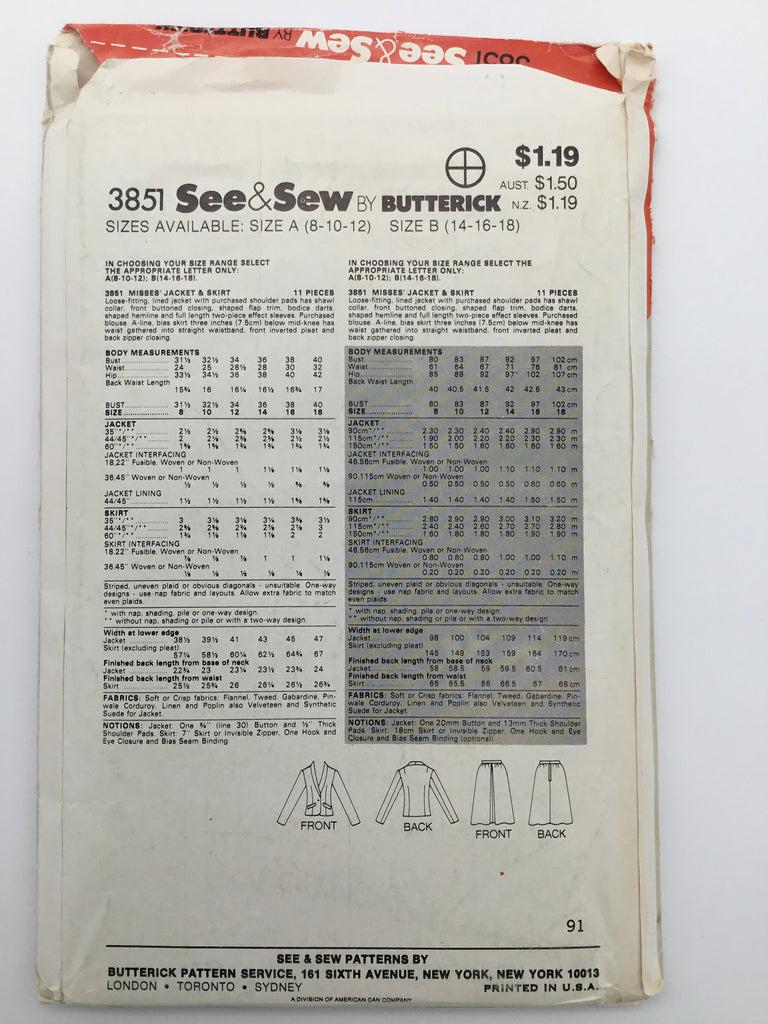 See & Sew 3851 Jacket and Skirt - Vintage Uncut Sewing Pattern