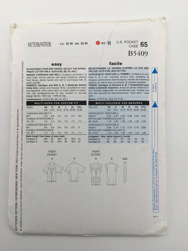See & Sew 5409 (2009) Cardigan - Uncut Sewing Pattern