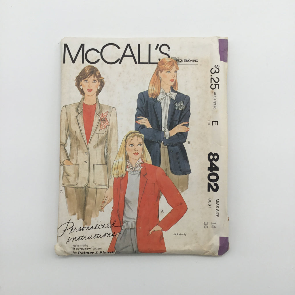 McCall's 8402 (1983) Jacket with Sleeve Variations - Vintage Uncut Sewing Pattern