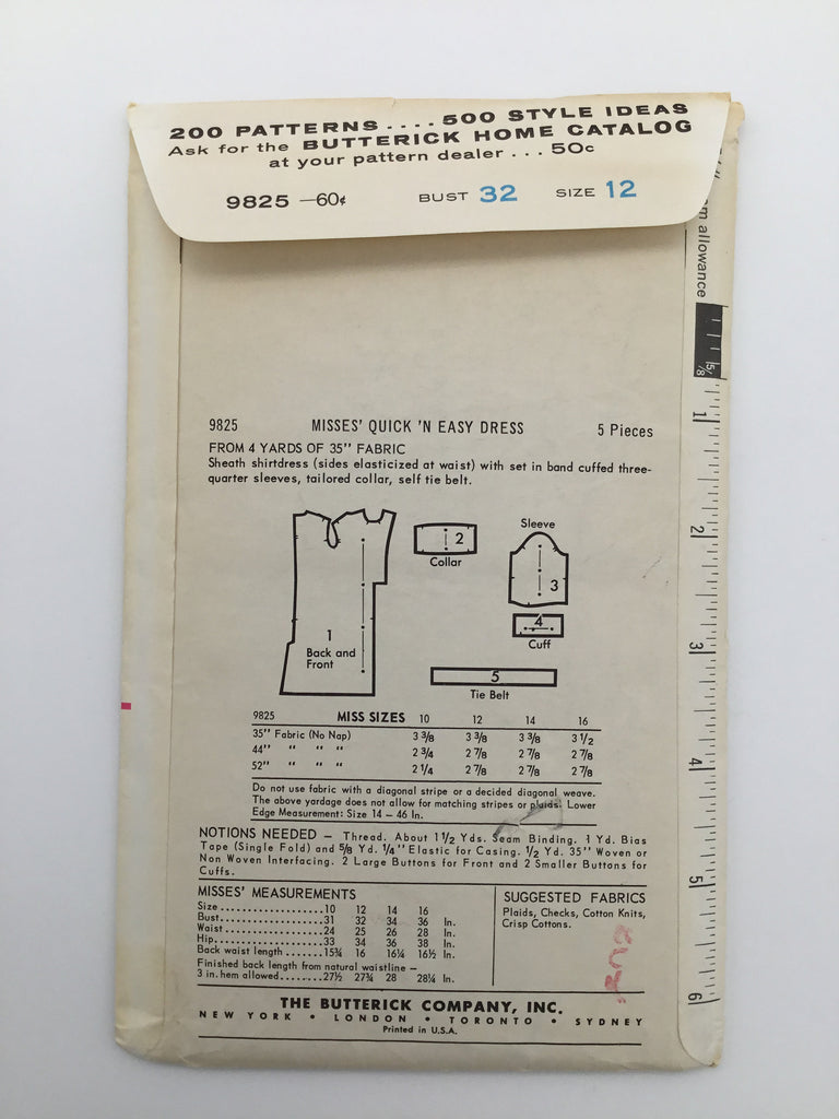 Butterick 9825 Four Yard Sheath Shirtdress - Vintage Uncut Sewing Pattern