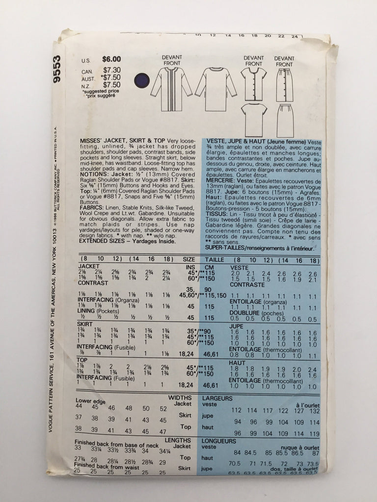Vogue 9553 (1986) Jacket, Skirt, and Top - Vintage Uncut Sewing Pattern
