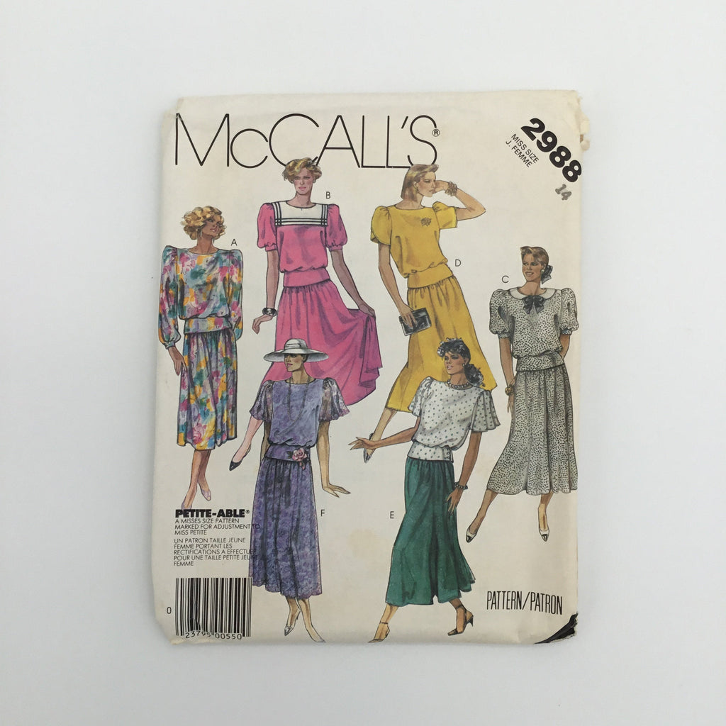 McCall's 2988 (1987) Skirt and Top with Sleeve Variations - Vintage Uncut Sewing Pattern