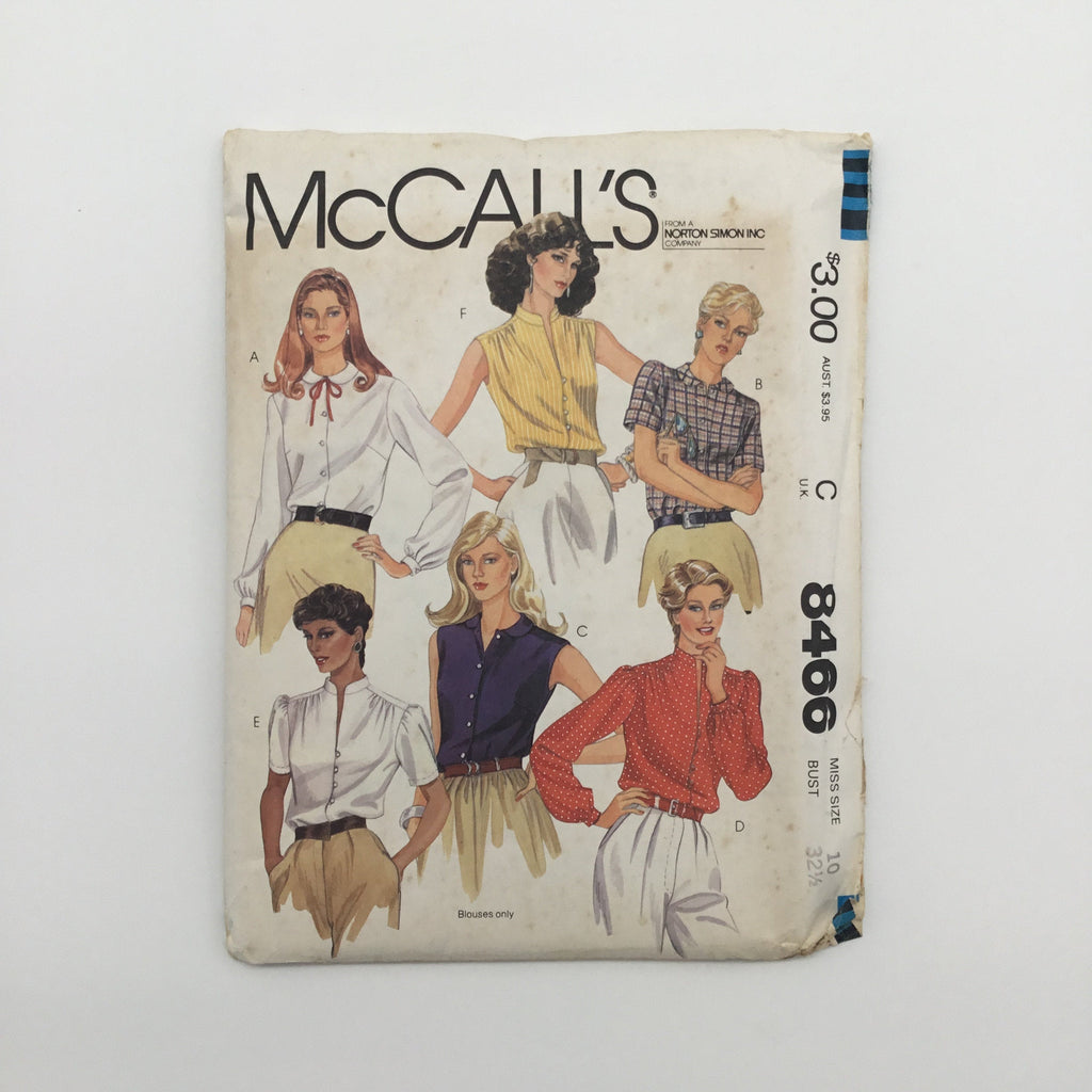 McCall's 8466 (1983) Blouses with Sleeve and Collar Variations - Vintage Uncut Sewing Pattern