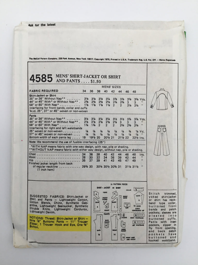 McCall's 4585 (1975) Shirt-Jacket or Shirt and Pants - Vintage Uncut Sewing Pattern