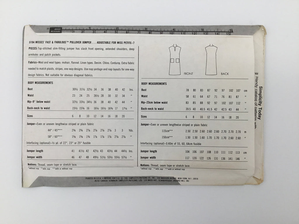Simplicity 5194 (1981) Jumper - Vintage Uncut Sewing Pattern