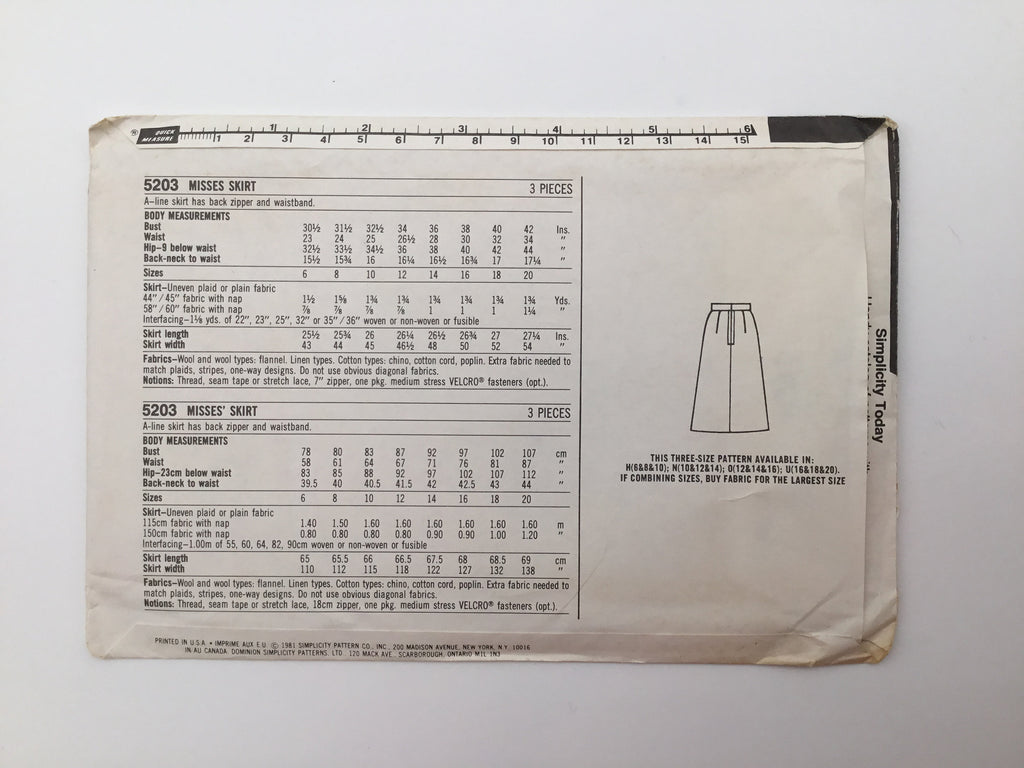 Simplicity 5203 (1981) Skirt - Vintage Uncut Sewing Pattern
