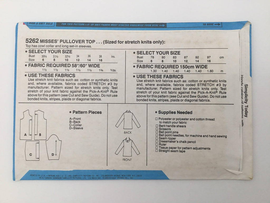 Simplicity 5262 (1981) Top - Vintage Uncut Sewing Pattern