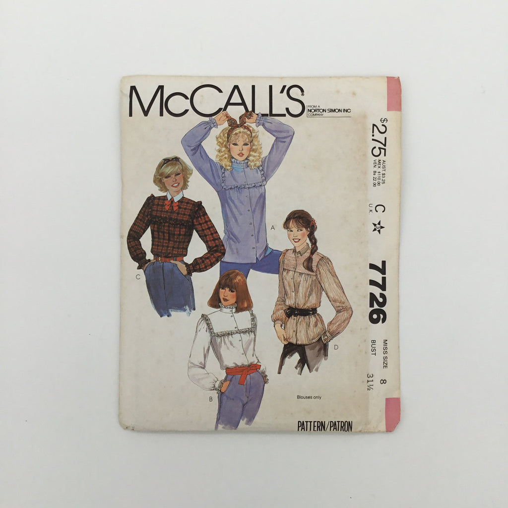McCall's 7726 (1981) Blouse with Collar Variations - Vintage Uncut Sewing Pattern