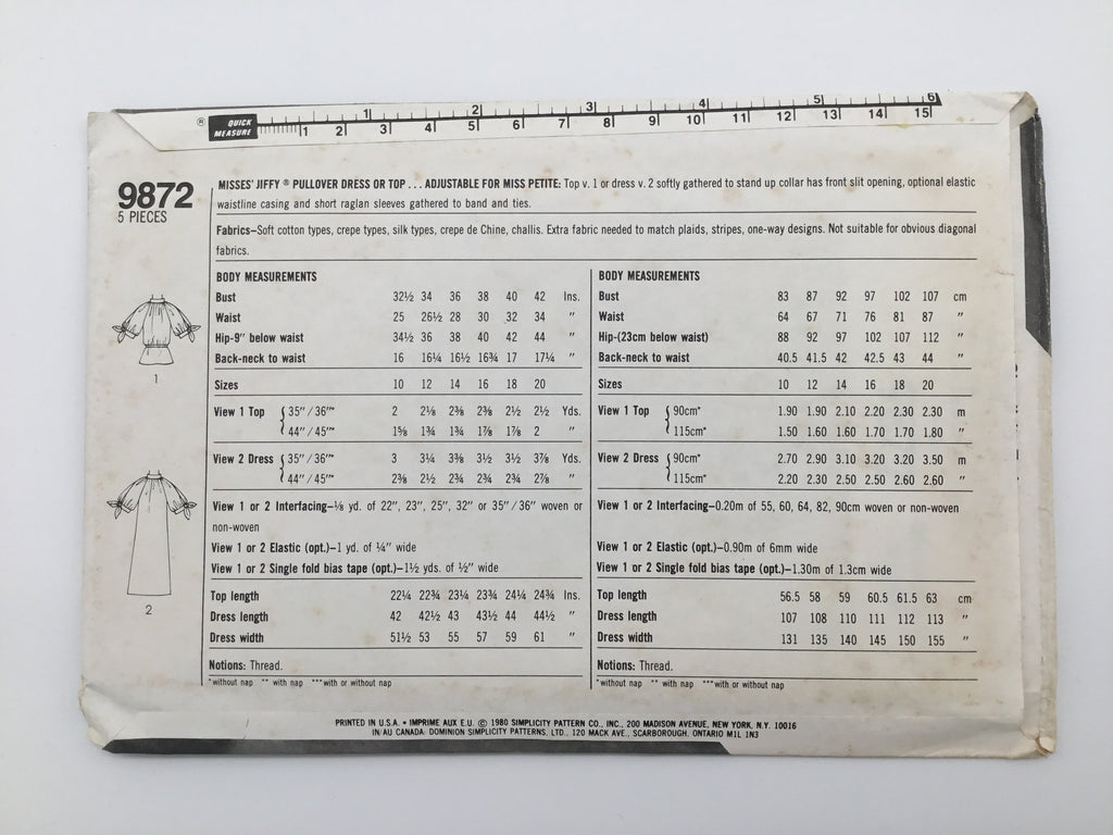 Simplicity 9872 (1980) Dress or Top - Vintage Uncut Sewing Pattern