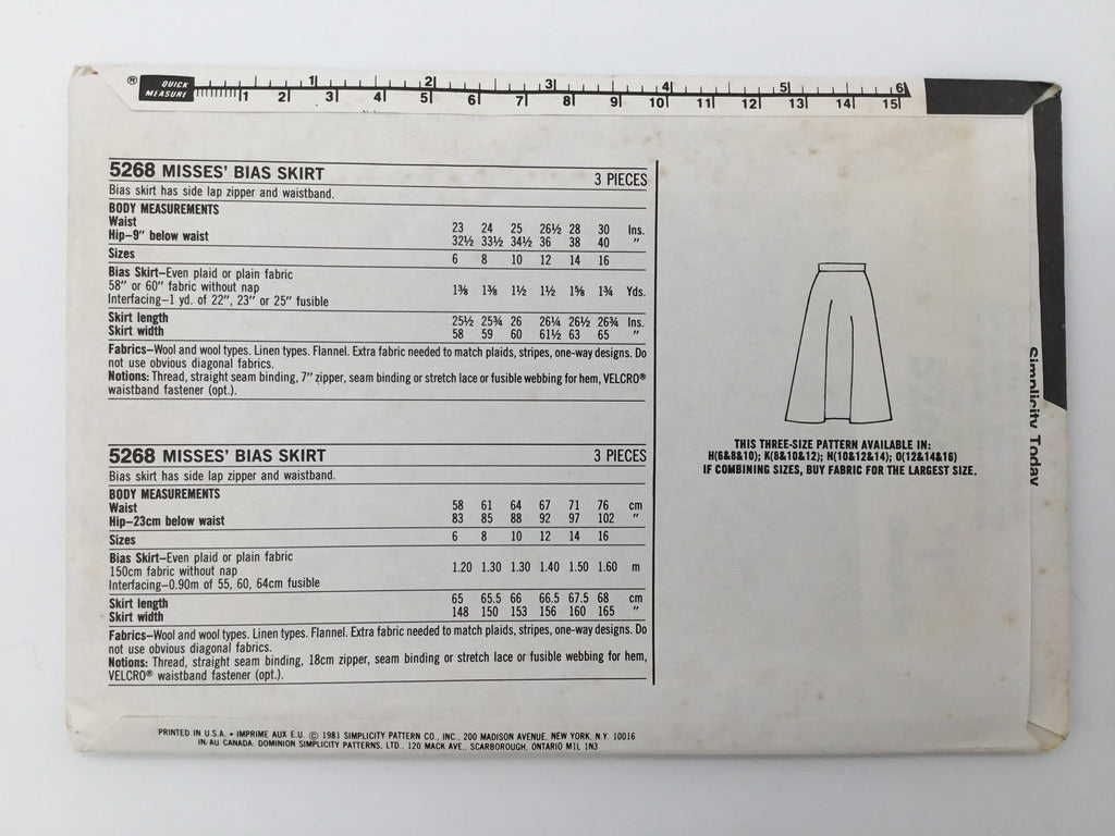 Simplicity 5268 (1981) Bias Skirt - Vintage Uncut Sewing Pattern