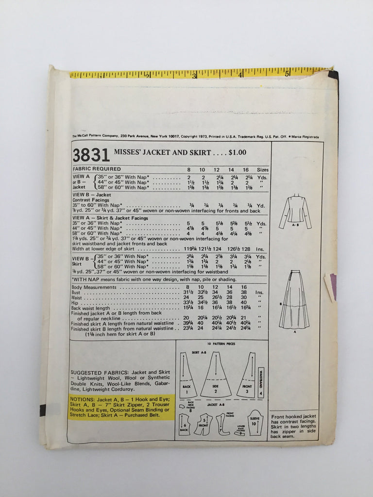 McCall's 3831 (1973) Jacket and Skirt - Vintage Uncut Sewing Pattern