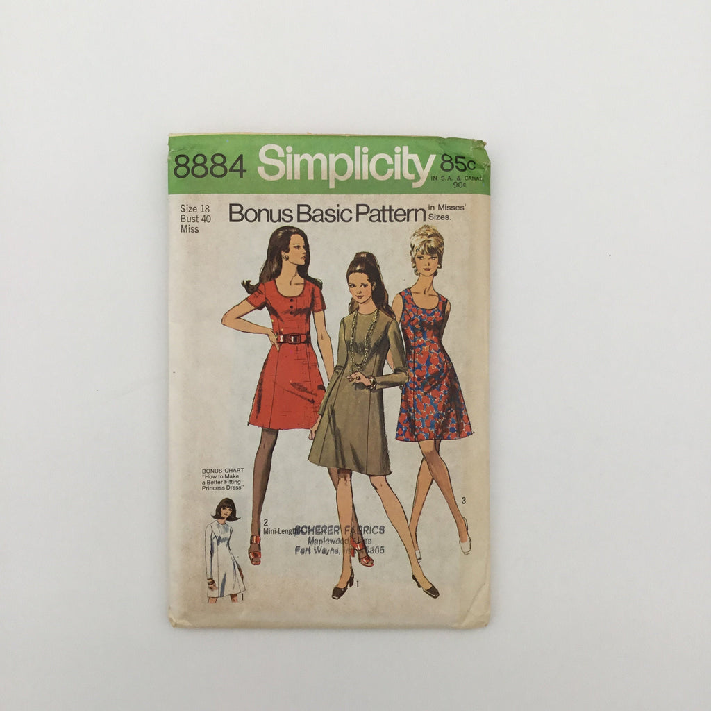 Simplicity 8884 (1970) Dress with Sleeve Variations - Vintage Uncut Sewing Pattern