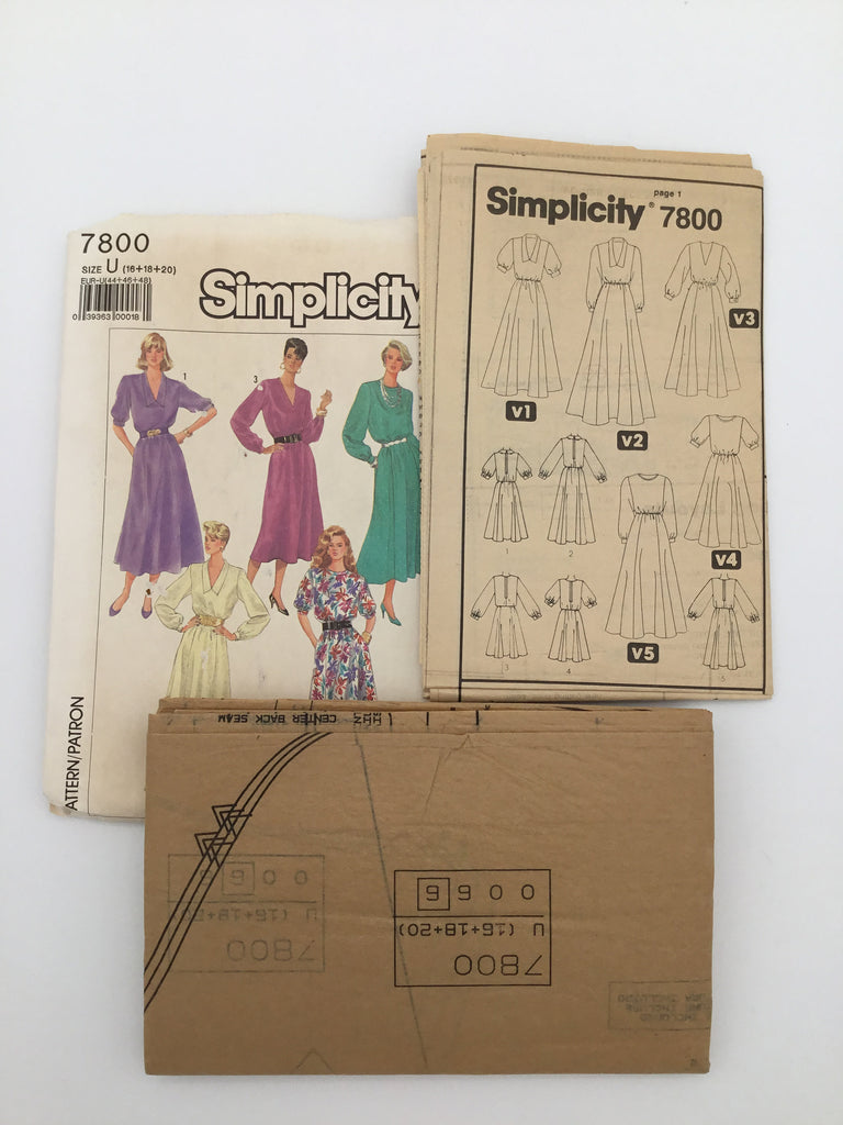 Simplicity 7800 (1986) Dress with Neckline, Sleeve, and Length Variations - Vintage Uncut Sewing Pattern