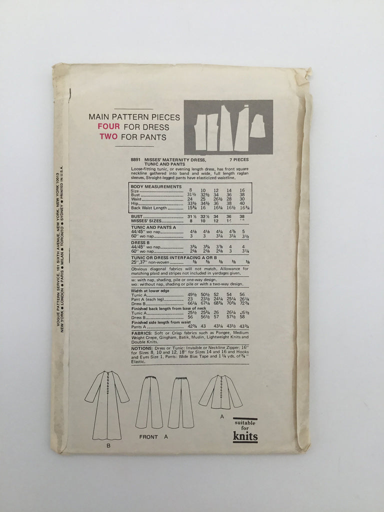 Vogue 8891 Maternity Dress, Tunic, and Pants - Vintage Uncut Sewing Pattern