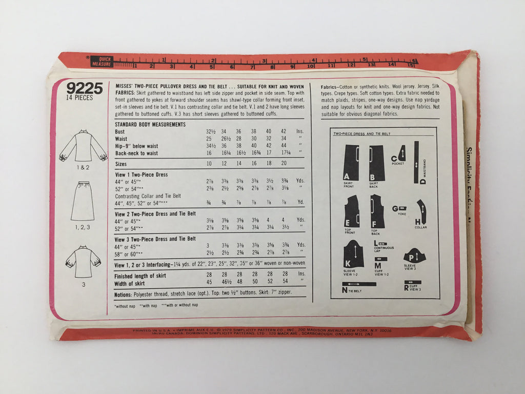 Simplicity 9225 (1979) Top and Skirt - Vintage Uncut Sewing Pattern