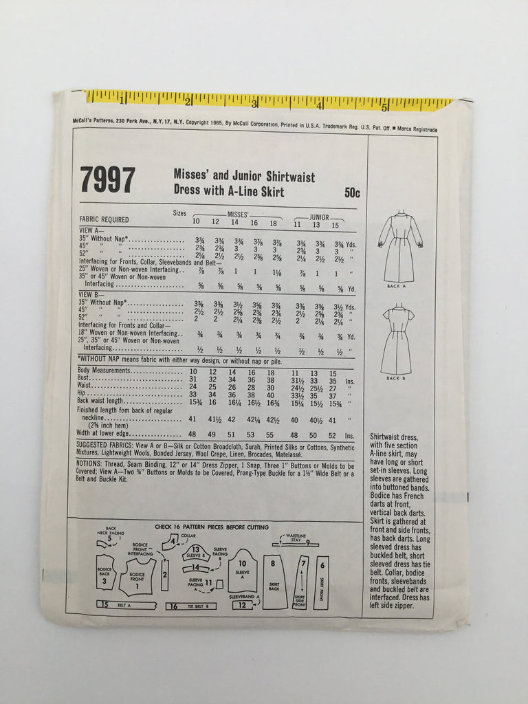 McCall's 7997 (1965) Dress with Sleeve Variations - Vintage Uncut Sewing Pattern