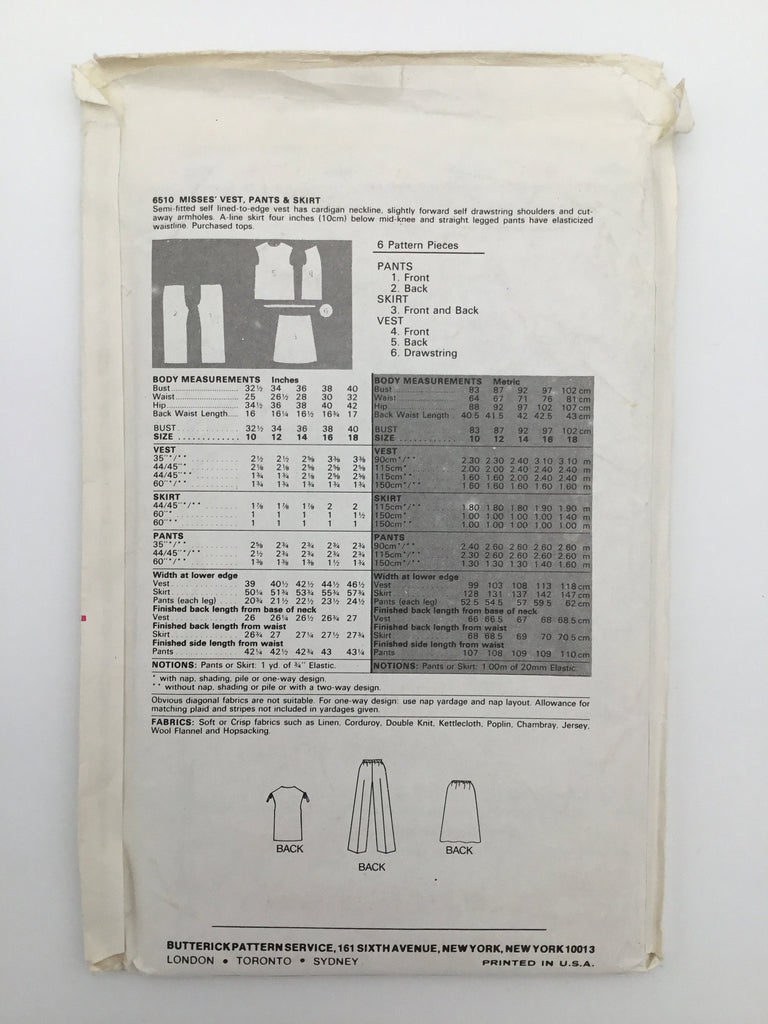 Butterick 6510 Vest, Pants, and Skirt - Vintage Uncut Sewing Pattern