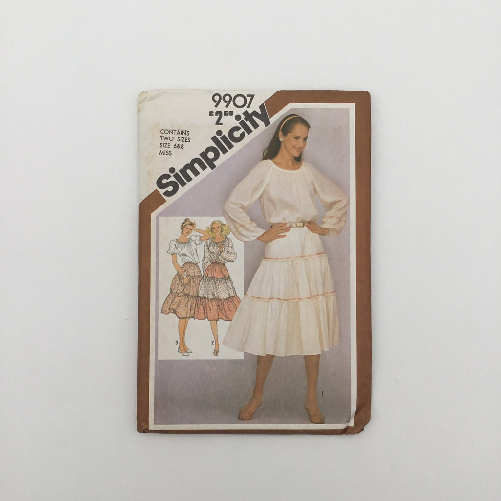 Simplicity 9907 (1981) Tiered Skirt and Blouse with Sleeve Variations - Vintage Uncut Sewing Pattern