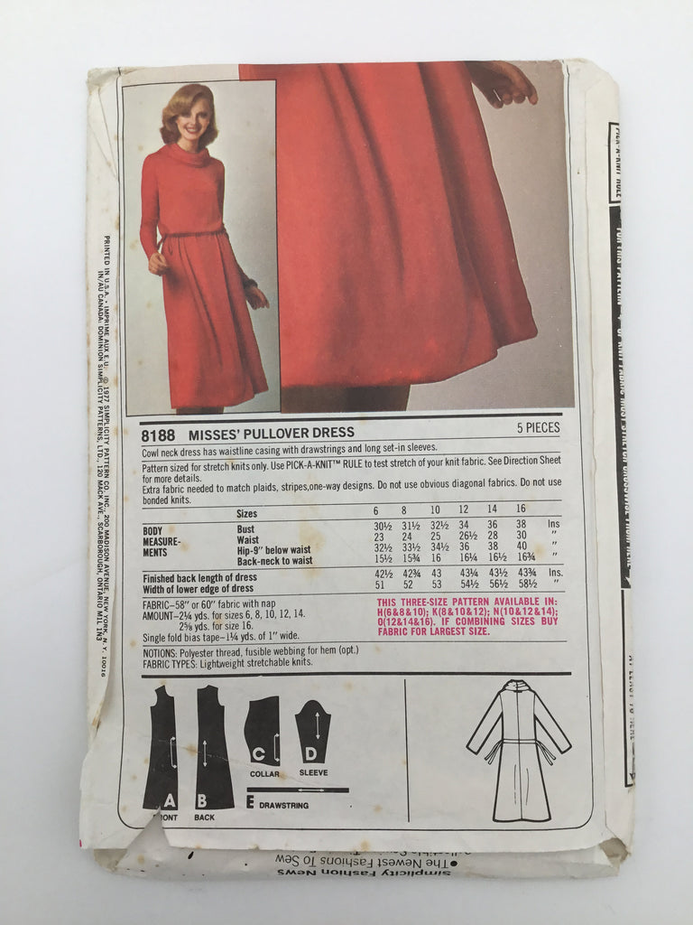 Simplicity 8188 (1977) Pullover Dress - Vintage Uncut Sewing Pattern