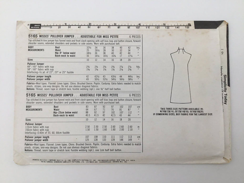 Simplicity 5165 (1981) Jumper - Vintage Uncut Sewing Pattern