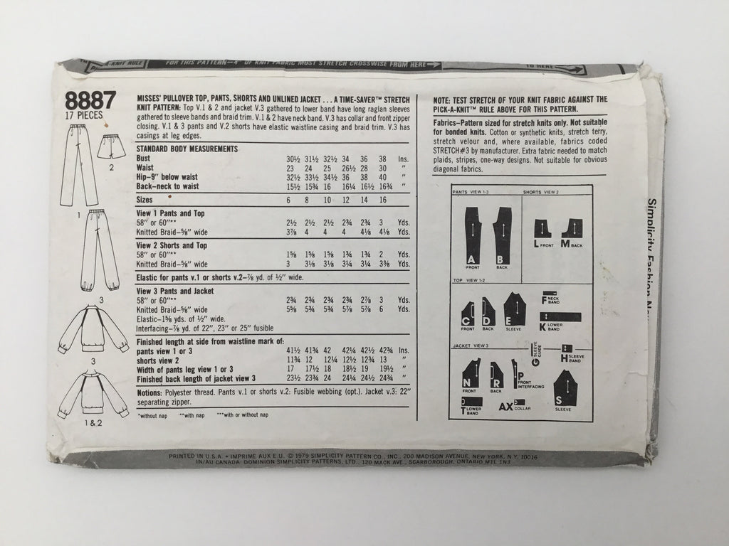 Simplicity 8887 (1979) Top, Pants, Shorts, and Jacket - Vintage Uncut Sewing Pattern