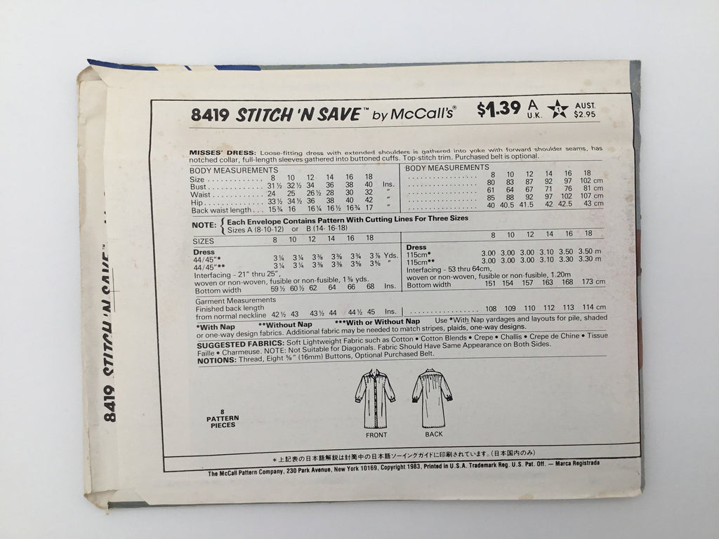McCall's 8419 (1983) Dress - Vintage Uncut Sewing Pattern