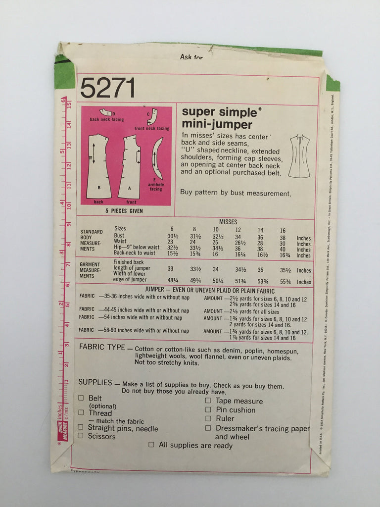 Simplicity 5271 (1972) Super Simple Mini Jumper - Vintage Uncut Sewing Pattern
