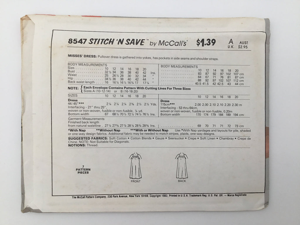 McCall's 8547 (1983) Dress - Vintage Uncut Sewing Pattern