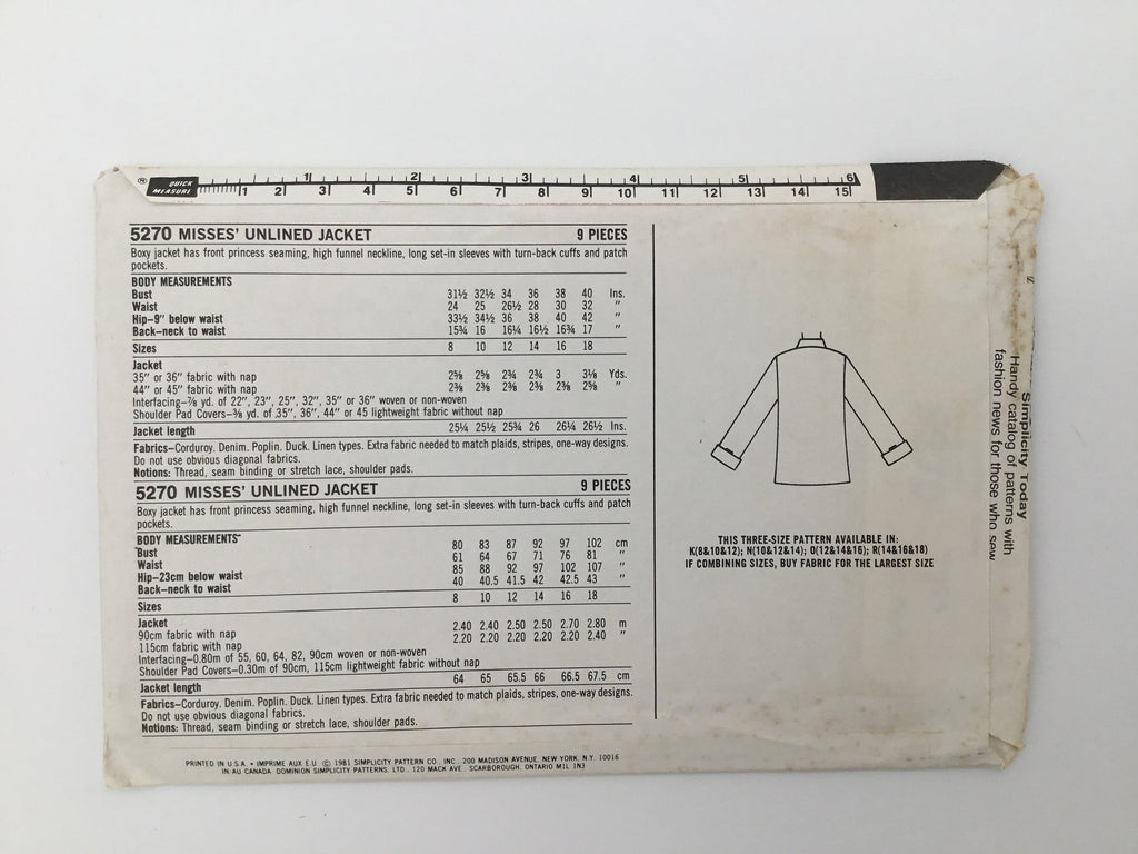 Simplicity 5270 (1981) Jacket - Vintage Uncut Sewing Pattern