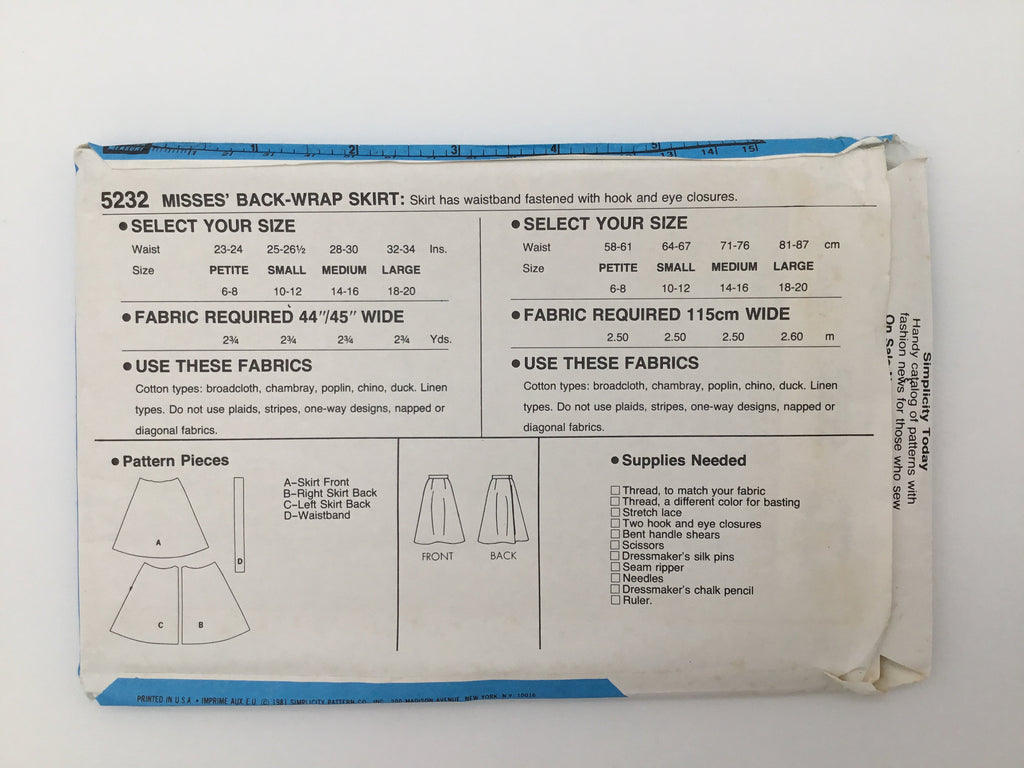 Simplicity 5232 (1981) Back Wrap Skirt - Vintage Uncut Sewing Pattern