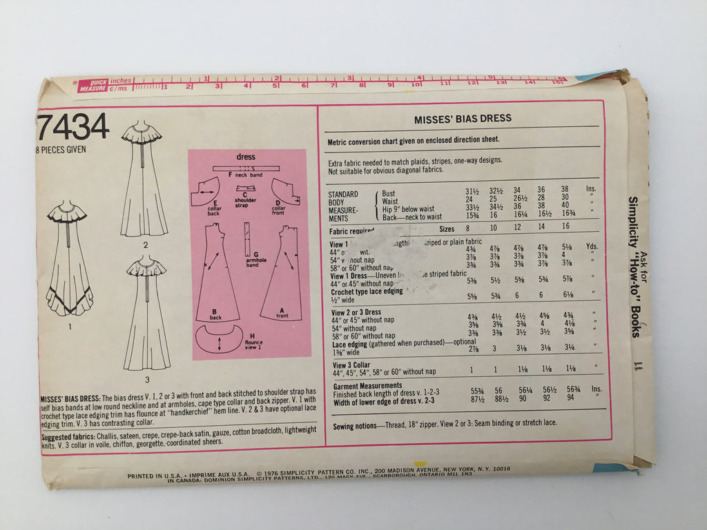 Simplicity 7434 (1976) Dress - Vintage Uncut Sewing Pattern