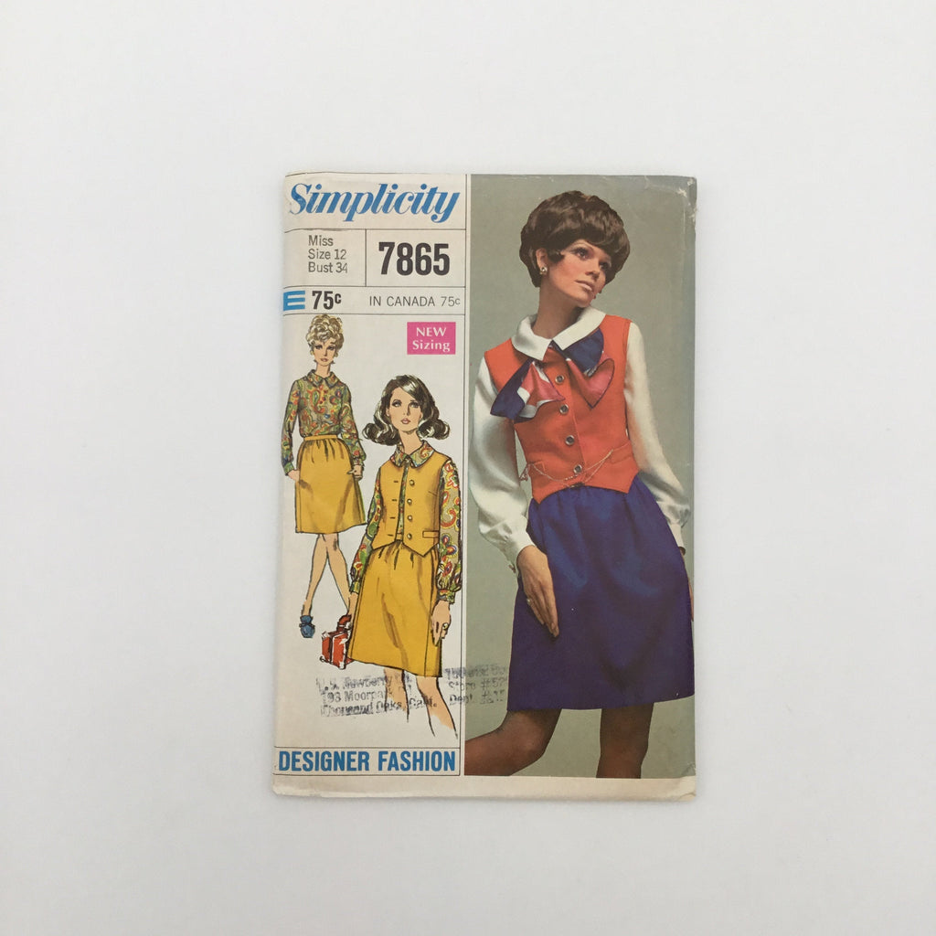 Simplicity 7865 (1968) Blouse, Vest, and Skirt - Vintage Uncut Sewing Pattern