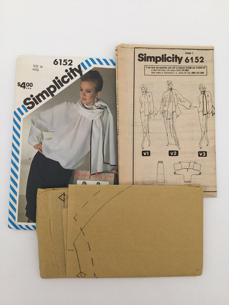 Simplicity 6152 (1983) Blouse with Attached Scarf and Skirt with Length Variations - Vintage Uncut Sewing Pattern