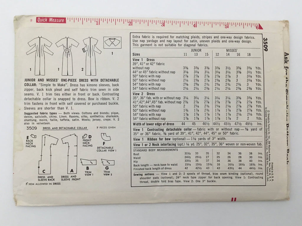 Simplicity 3509 Dress with Detachable Collar - Vintage Uncut Sewing Pattern
