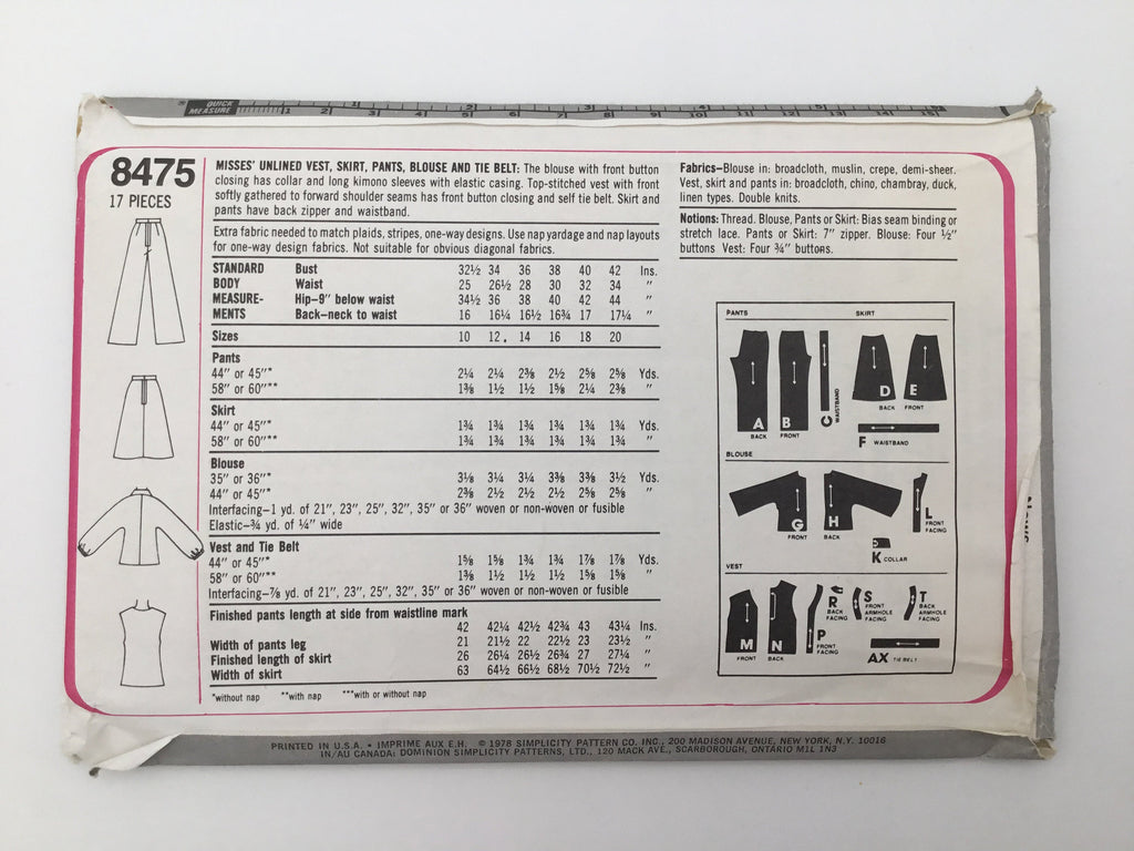 Simplicity 8475 (1978) Vest, Skirt, Pants, and Blouse - Vintage Uncut Sewing Pattern